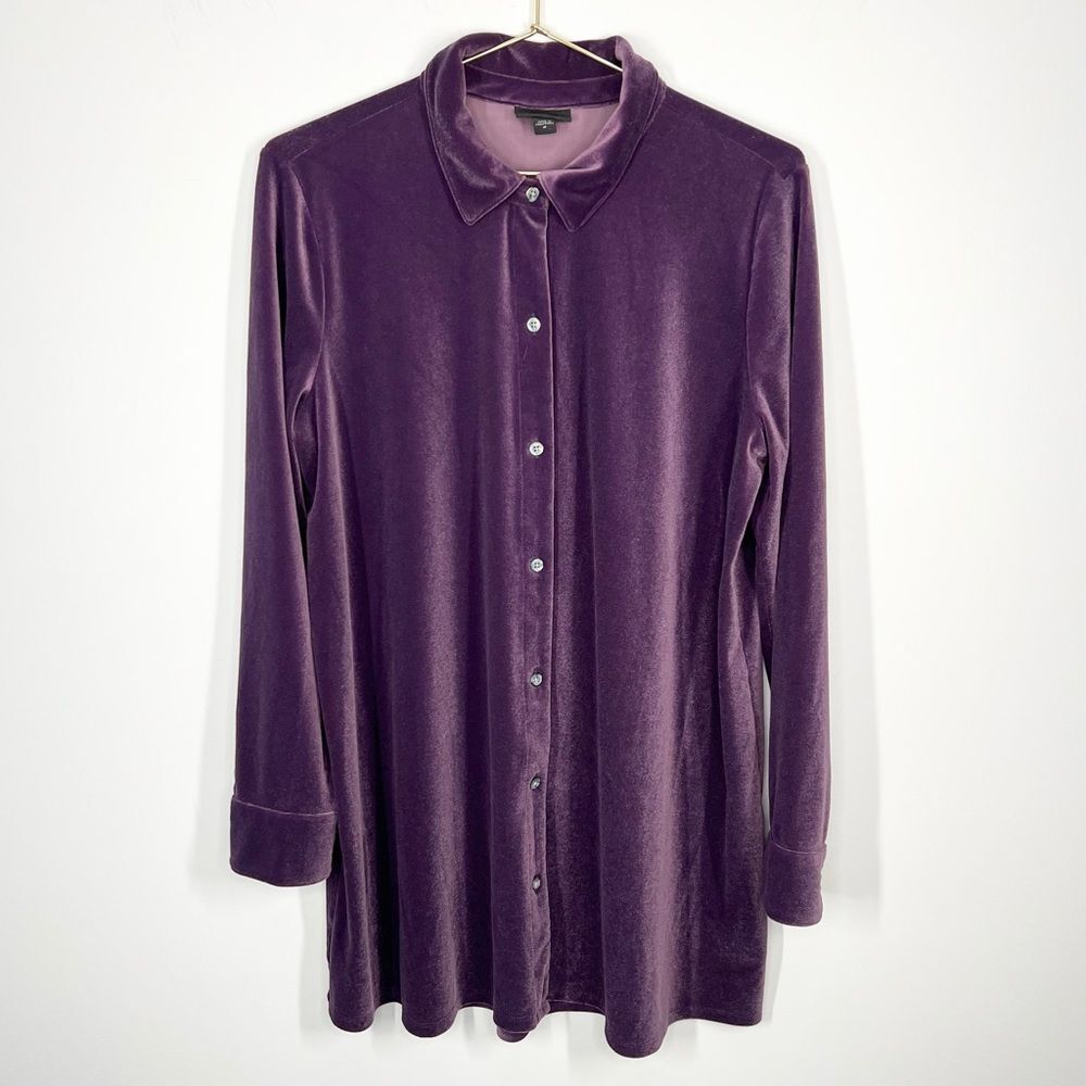 J. Jill Wearever Purple Velvet Button Down Shirt Tunic Blouse Medium